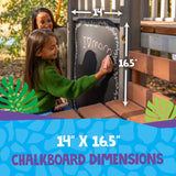 Child writing on a chalkboard with dimensions displayed, outdoors.