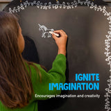 Person drawing a unicorn on a black chalkboard with the text 'Ignite Imagination' encouraging imagination and creativity.