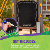 Woodplay chalkboard panel with mounting material and chalk on a playground background