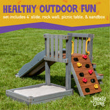 healthy outdoor fun - set includes 4' slide, rock wall, picnic table, and sandbox