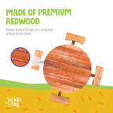 The Adult Circular Picnic Table is made of premium redwood with a clear satin finish for a natural wood tone look.