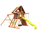 lion's den A swing set from Woodplay rear view photo with slide and swings and climbing; backyard wooden swing set