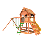 rear view photo Monkey Towers C playhouse outdoor splinter free wood