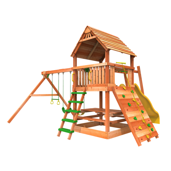 Woodplay Monkey Tower G rear view photo with ladder and swings - childrens outdoor play set - outdoor swing sets