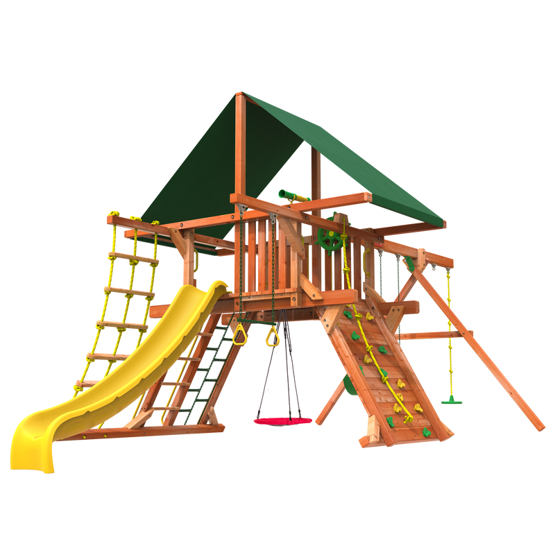 5.5' Outback Combo 2 swing set for sale from Woodplay with slide and trapeze attachments 