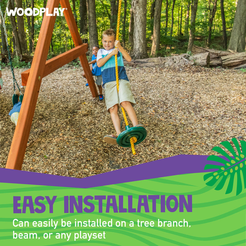 woodplay rope and disc swing easily installed on tree brand, beam, or any playset
