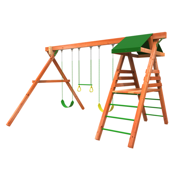 Woodplay Jungle Climber Playset with swings and trapeze bar; backyard playsets for kids
