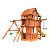 woodplay playhouse combo XL 2 outdoor wooden playset with slide and swing