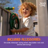 Included accessories: one slide, telescope, racing wheel, step ladder, rock wall, and two belt swings