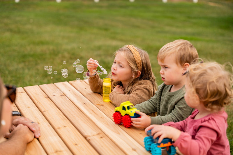 children sitting at picnic table blowing bubbles