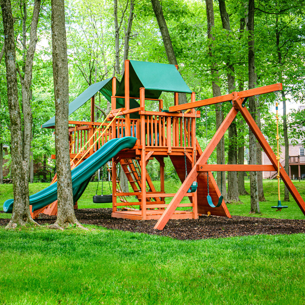 become a swing set dealer: backyard wooden playset with swings and slide