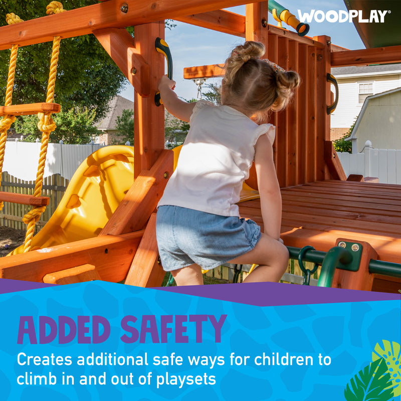 Woodplay Playsets - added safety. Hand grips create additional safe ways for children to climb in and out of playsets
