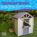 Jack and June Kids Playhouse farmhouse design features sliding barn door, built in countertop, four pot holders, and more