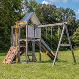 jack and june haven playset in the yard, build your own swing set, diy wooden swing set, build a swing set