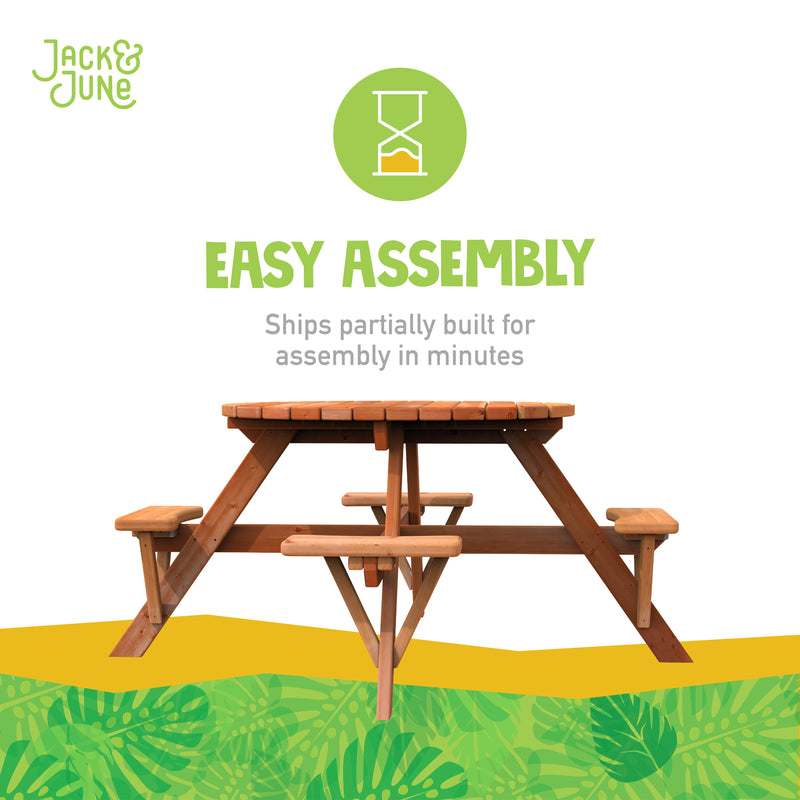 The Jack and June Circular Picnic Table is easy assembly - ships partially built for assembly in minutes.