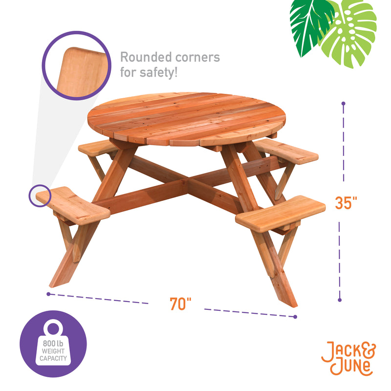 The Jack and June Adult Circular Redwood Picnic Table has rounded corners for safety. 