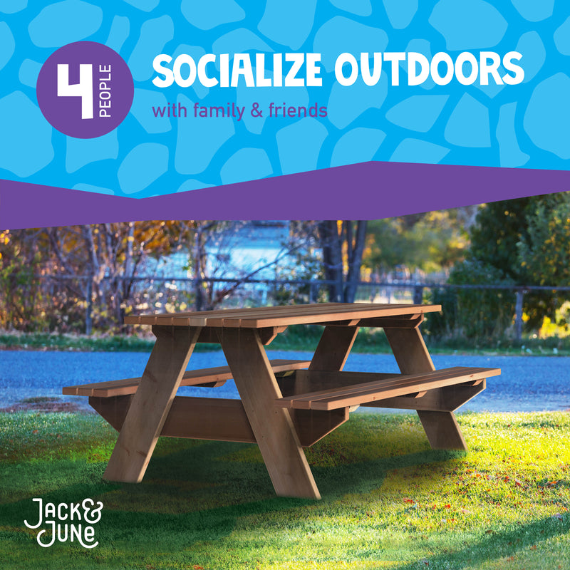 four people - socialize outdoors with family and friends at the wooden picnic table
