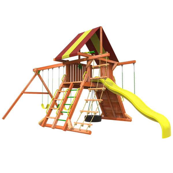 lion's den A swing set from Woodplay rear view photo with slide and swings and climbing; backyard wooden swing set