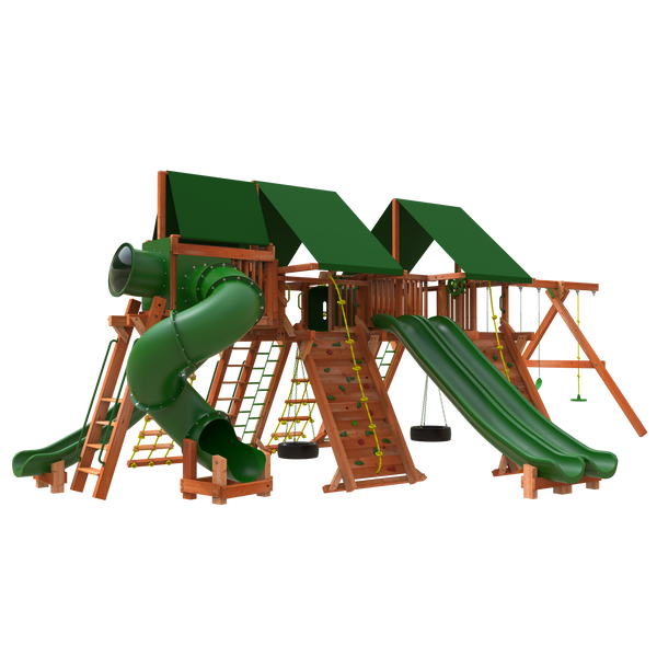 Woodplay playset outdoor megaset with double slide and swings and climbing