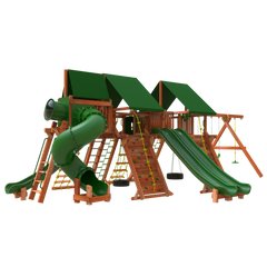 Woodplay playset outdoor megaset with double slide and swings and climbing