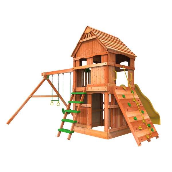 double swing and slide wooden playhouse outdoor monkey tower e swing set