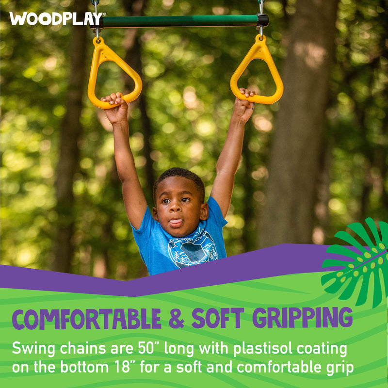 comfortable and soft gripping - swing chains are 50" long with plastisol coating on the bottom 18" for a soft and comfortable grip