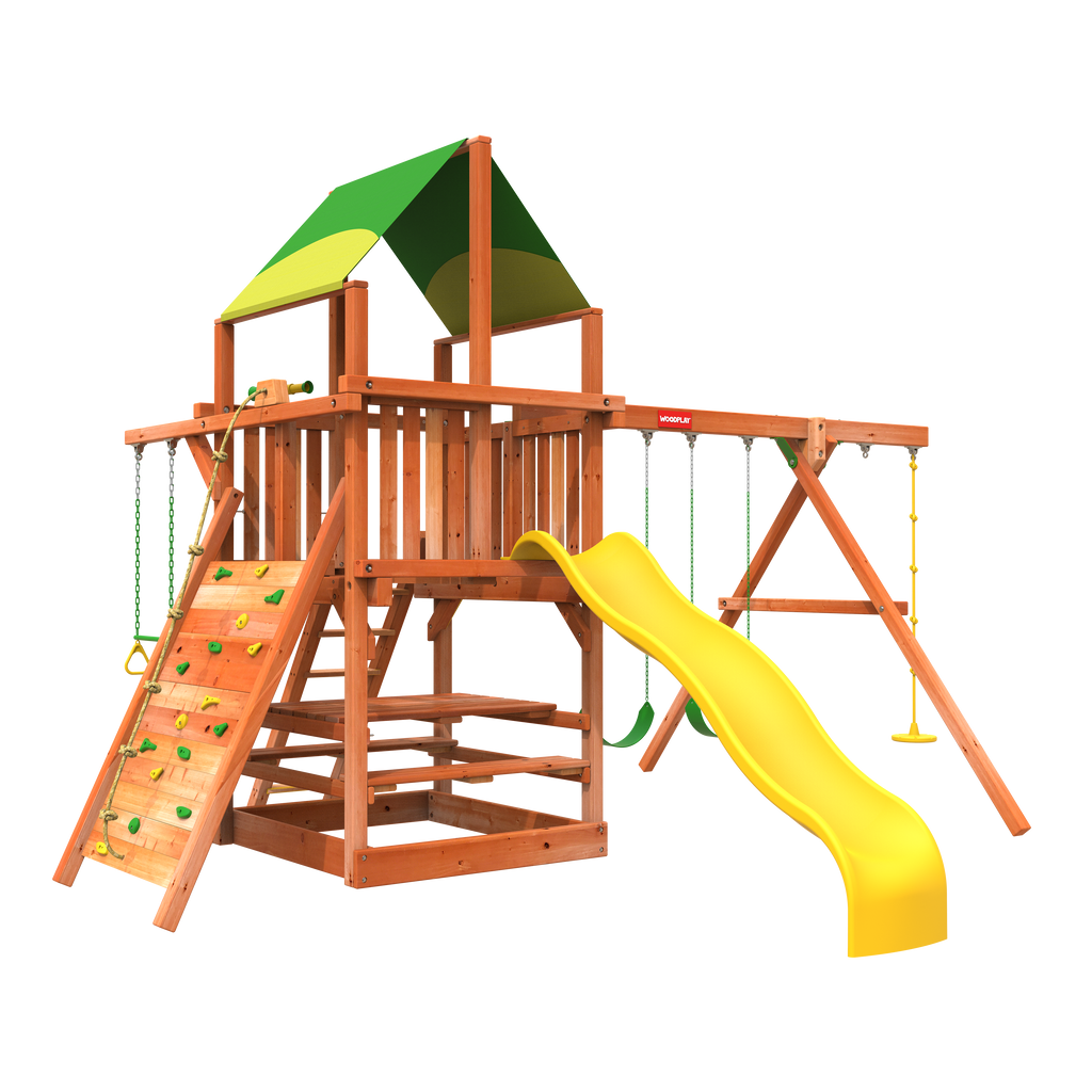 Wooden playhouse with 2024 slide and swing