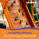 No harmful chemicals - cedar naturally resists decay, warping, cracking, fungal disease, and insects, so no harsh chemicals are needed for our wood outdoor swing sets